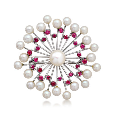 C. 1970 Vintage 3.5-6.5mm Cultured Pearl and .80 ct. t.w. Ruby Burst Pin in 18kt White Gold