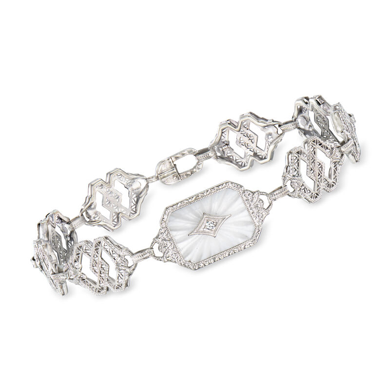C. 1950 Vintage 3.40 Carat Rock Crystal Bracelet with Single Diamond in 10kt White Gold. 7.5&quot; image number 0