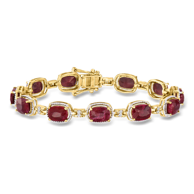 19.00 ct. t.w. Ruby and .21 ct. t.w. Diamond Bracelet in 18kt Gold Over Sterling. 7" image number 0