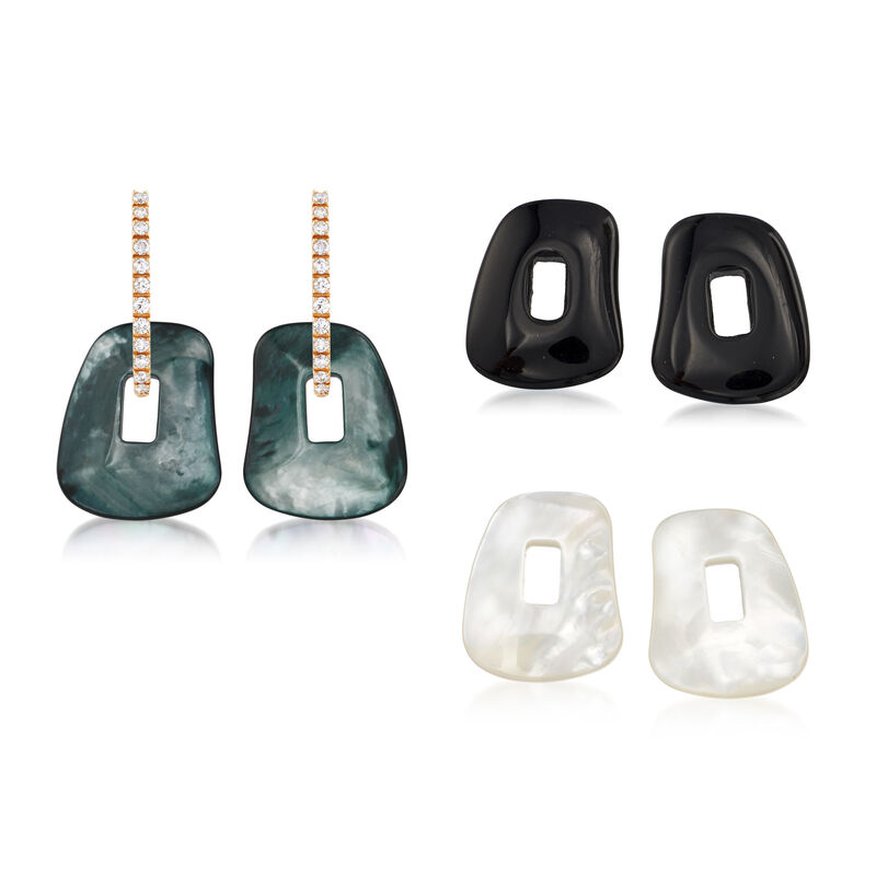 Mattioli &quot;Puzzle&quot; .34 ct. t.w. Diamond Earrings in 18kt Yellow Gold with Three Interchangeable Drops: Black Onyx and Multicolored Mother-Of-Pearl. 7/8&quot; image number 0