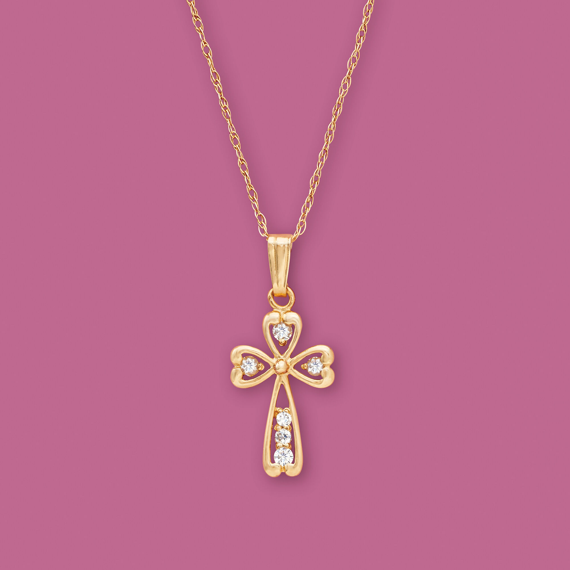 Child's .18 ct. t.w. CZ Cross Pendant Necklace in 14kt Yellow Gold