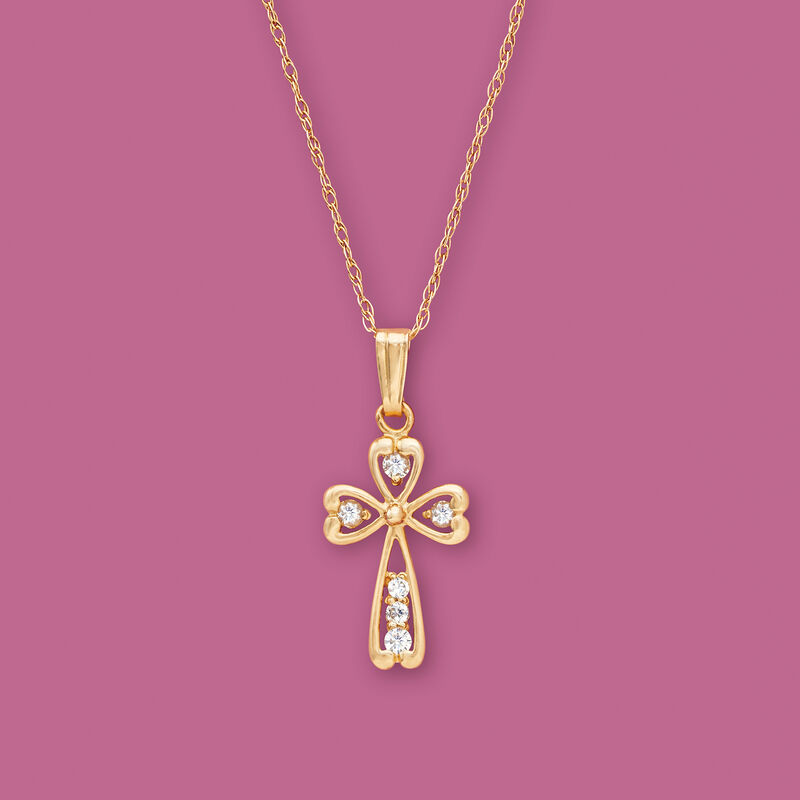 Child's .18 ct. t.w. CZ Cross Pendant Necklace in 14kt Yellow Gold. 15&quot; image number 1