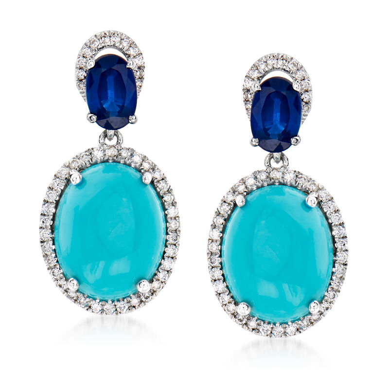 Turquoise, 1.10 ct. t.w. Sapphire and .32 ct. t.w. Diamond Drop Earrings in 14kt White Gold image number 0