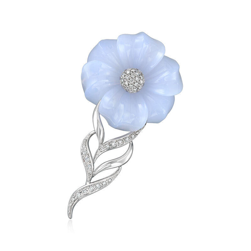 C. 1990 Vintage Blue Chalcedony and .68 ct. t.w. Diamond Flower Pin/Pendant in 14kt White Gold  image number 0