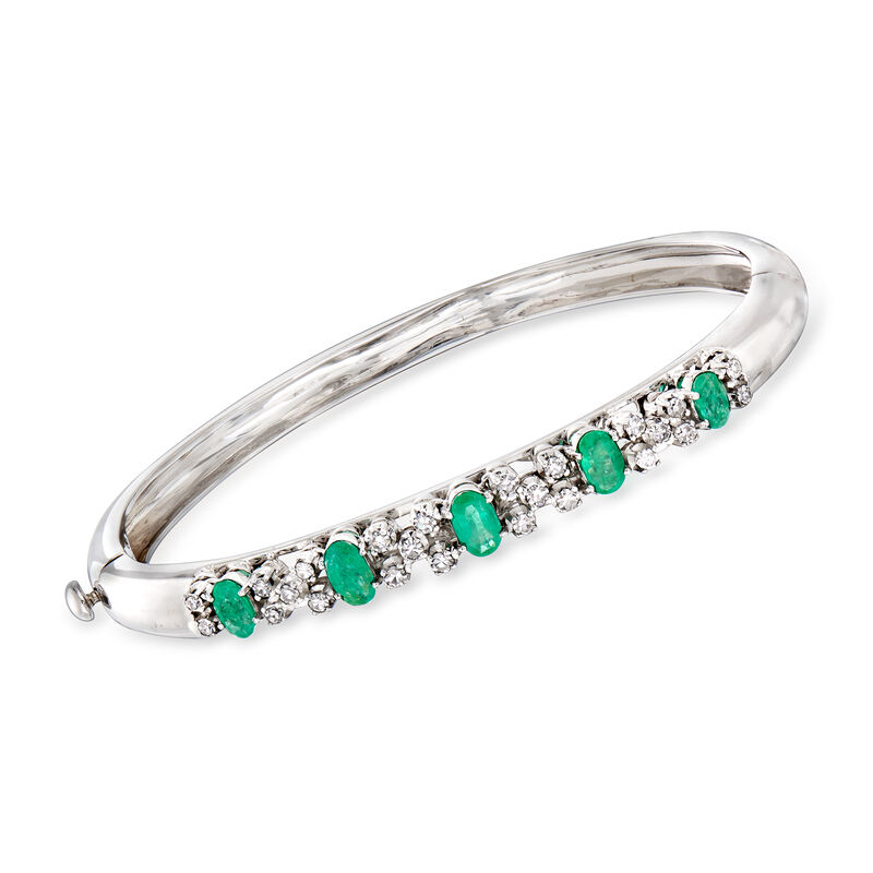 C. 1990 Vintage 1.93 ct. t.w. Emerald and .85 ct. t.w. Diamond Bangle Bracelet in 18kt White Gold. 7.5&quot; image number 0