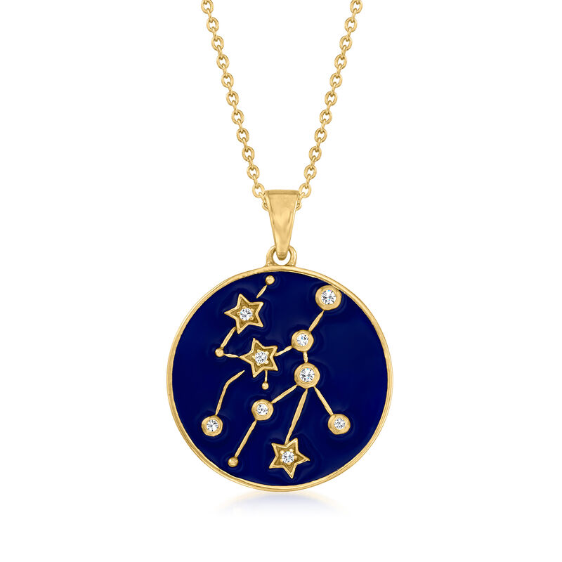 Virgo - White Zircon and Blue Enamel Zodiac Constellation Pendant Necklace in 18kt Gold Over Sterling. 18" image number 0