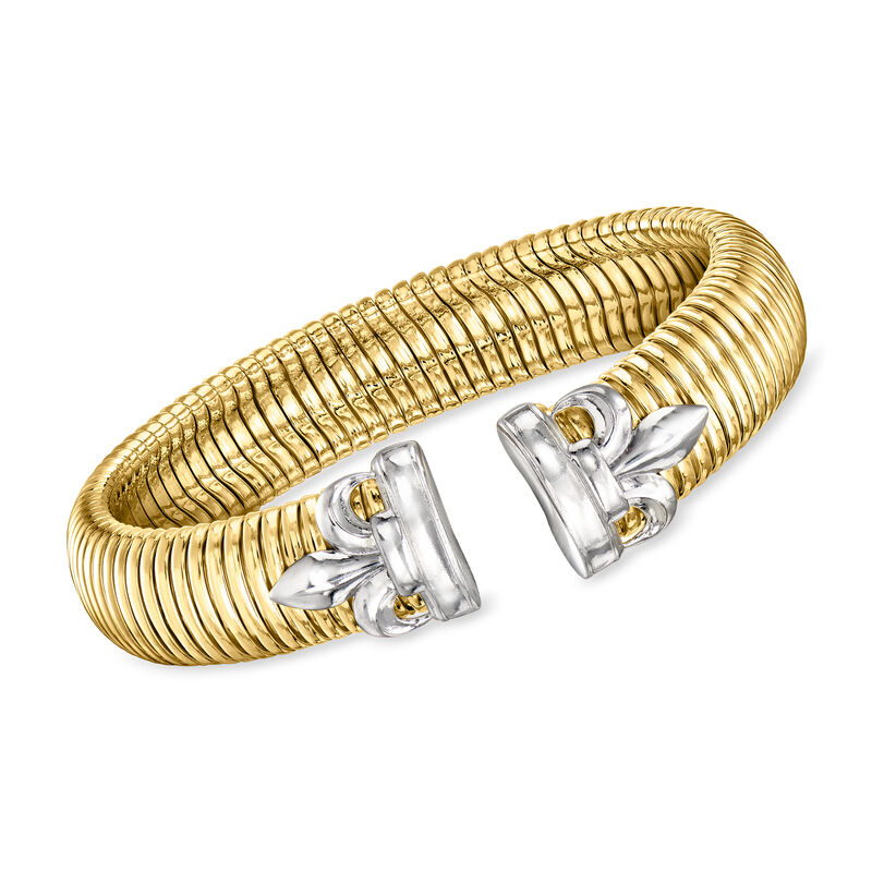 Italian 18kt Gold Over Sterling and Sterling Silver Fleur-De-Lis Tubogas Cuff Bracelet image number 0