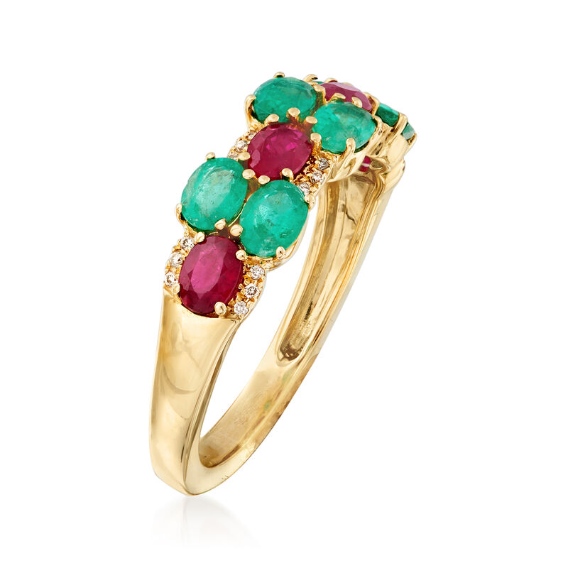 1.10 ct. t.w. Emerald and .90 ct. t.w. Ruby Ring with Diamond Accents in 14kt Yellow Gold image number 2