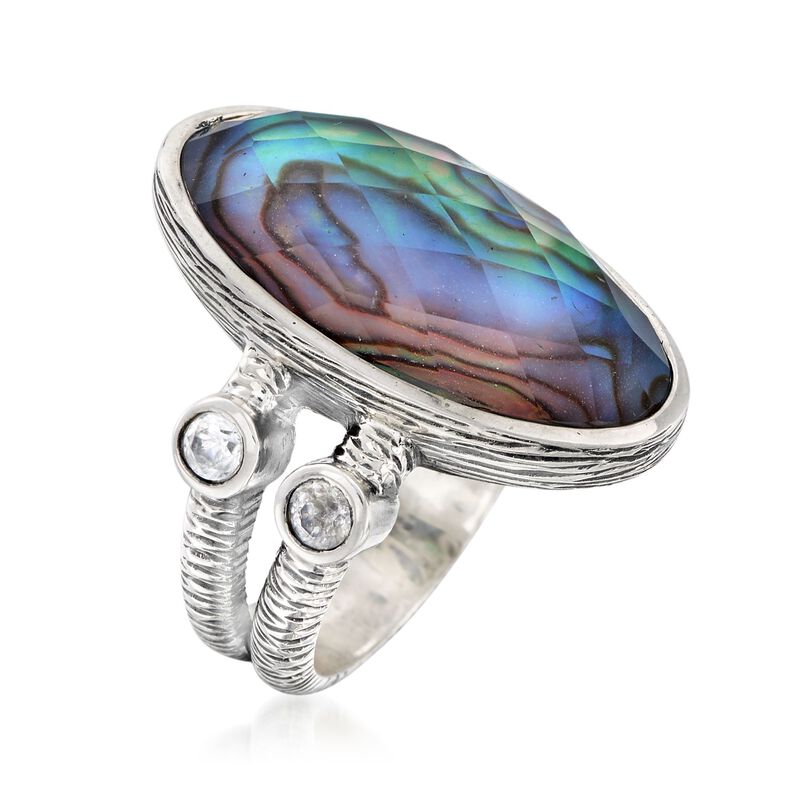 Multicolored Abalone Shell Doublet Ring with .60 ct. t.w. White Topaz in Sterling Silver image number 2