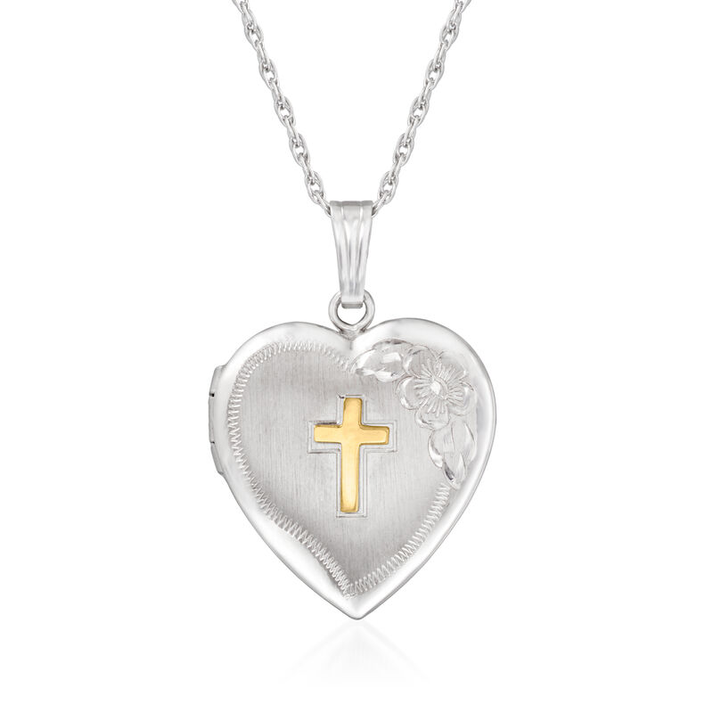 Sterling Silver Floral Heart Locket Necklace with 14kt Yellow Gold Cross. 18&quot; image number 1