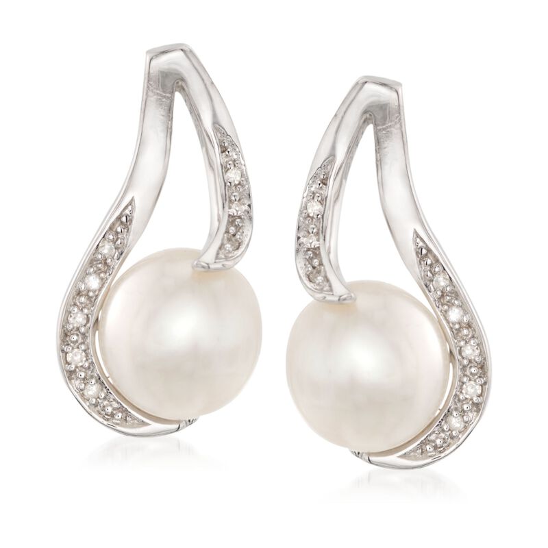 9-9.5mm Cultured Pearl Earrings with Diamonds in Sterling Silver image number 0