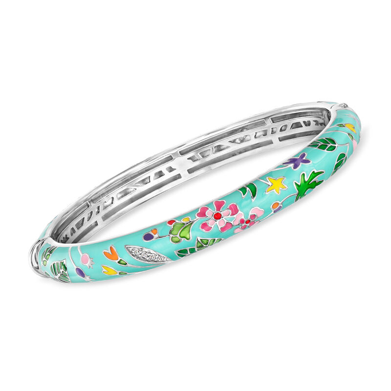 Belle Etoile "Primrose" Multicolored Enamel Bangle Bracelet with CZs in Sterling Silver. 7" image number 0