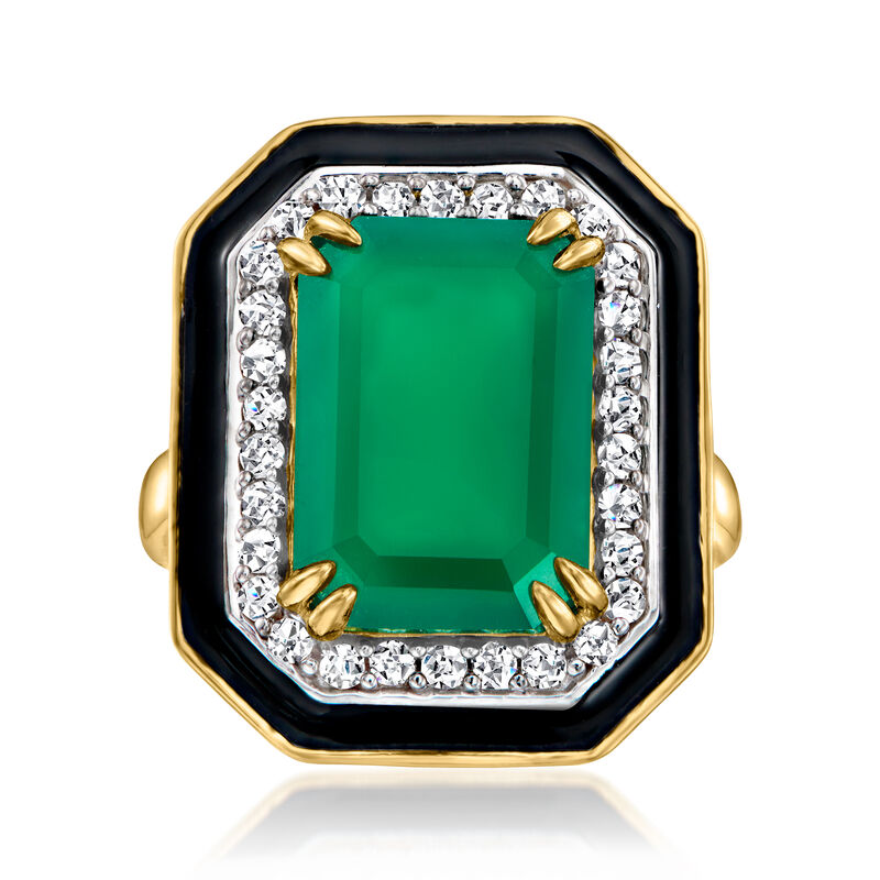 Green Chalcedony and .60 ct. t.w. White Topaz Ring with Black Enamel in 18kt Gold Over Sterling image number 0