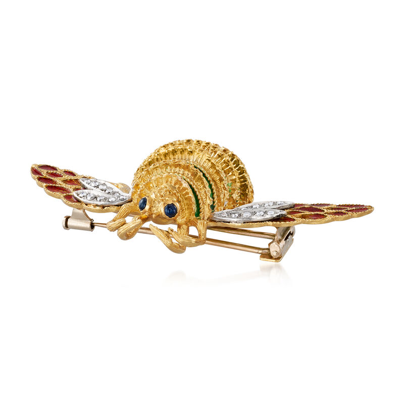 C. 1980 Vintage Piero Milano .35 ct. t.w. Diamond and .10 ct. t.w. Sapphire Bumblebee Pin with Green and Red Enamel in 18kt Yellow Gold image number 2
