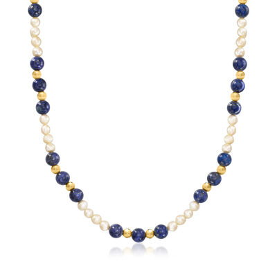 C. 1980 Vintage 4mm Cultured Pearl and 6mm Lapis Bead Necklace with 14kt Yellow Gold