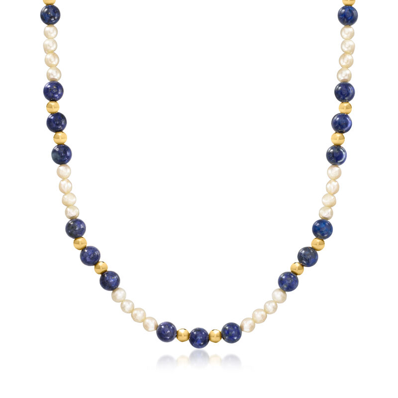 C. 1980 Vintage 4mm Cultured Pearl and 6mm Lapis Bead Necklace with 14kt Yellow Gold. 16" image number 0