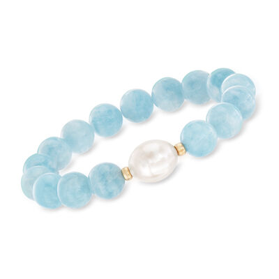 12-13mm Cultured Baroque Pearl and 140.00 ct. t.w. Aquamarine Bead Stretch Bracelet with 14kt Yellow Gold