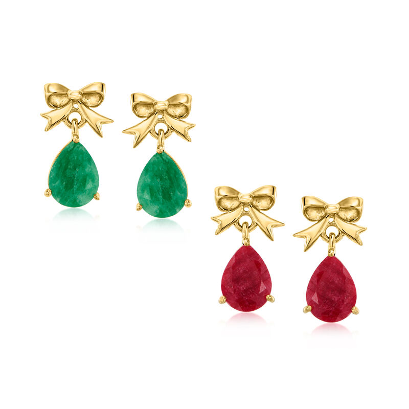 3.30 ct. t.w. Ruby and 2.30 ct. t.w. Emerald Jewelry Set: Two Pairs of Bow Drop Earrings in 18kt Gold Over Sterling image number 0