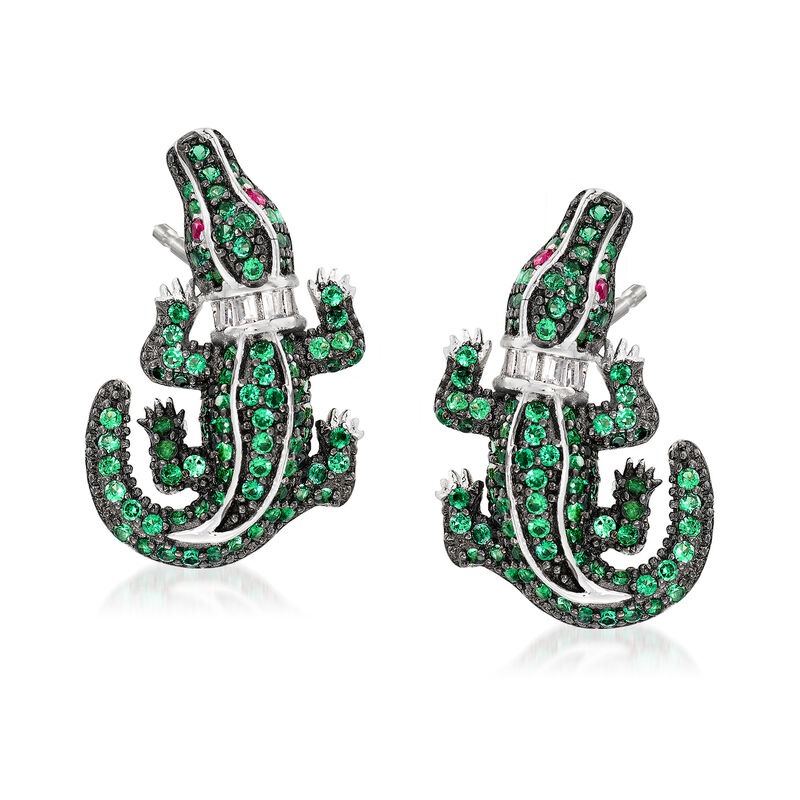 .95 ct. t.w. Simulated Emerald and .10 ct. t.w. CZ Alligator Earrings in Sterling Silver image number 0