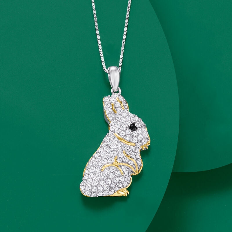1.60 ct. t.w. White Topaz Bunny Pendant Necklace with Black Spinel Accents in Two-Tone Sterling Silver image number 2