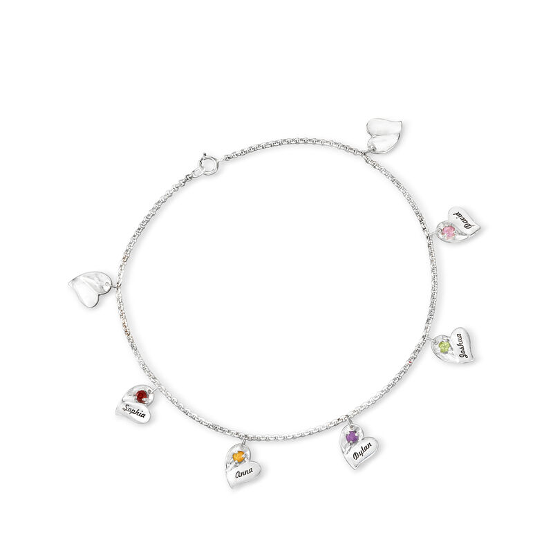 Personalized Heart Drop Anklet in Sterling Silver - 1 to 7 Birthstones and Names image number 0