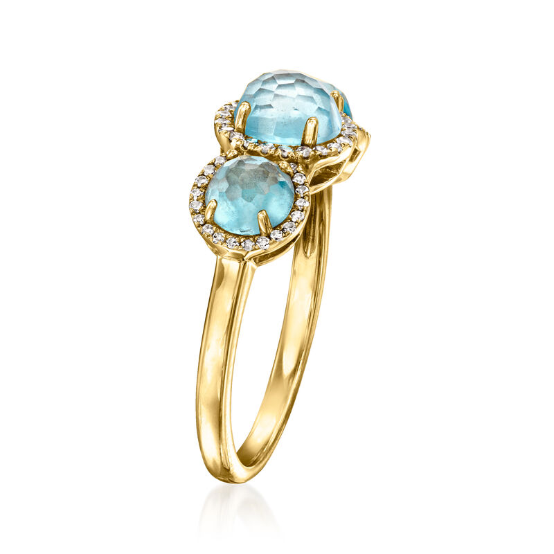 C. 1990 Vintage 2.45 ct. t.w. Sky Blue Topaz Three-Stone Ring with .35 ct. t.w. Diamonds in 10kt Yellow Gold. Size 7 image number 2