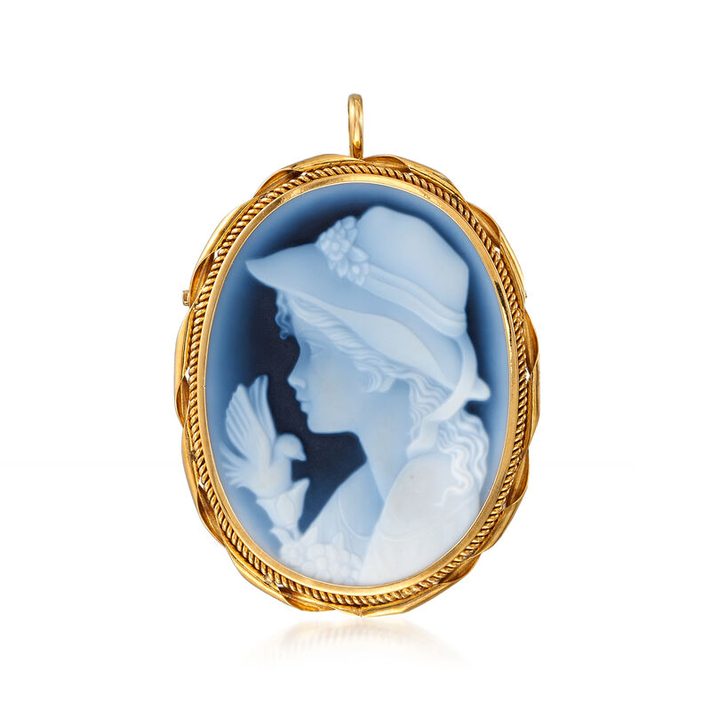 C. 1970 Vintage Blue Agate Cameo Pin Pendant in 18kt Yellow Gold image number 0