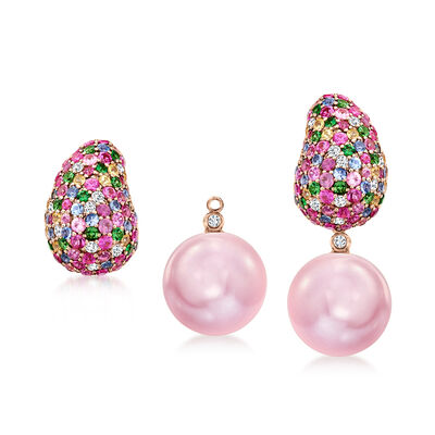 12-13mm Pink Cultured Pearl, 3.80 ct. t.w. Multi-Gemstone and .28 ct. t.w. Diamond Removable Drop Earrings in 18kt Rose Gold