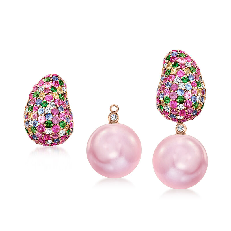 12-13mm Pink Cultured Pearl, 3.80 ct. t.w. Multi-Gemstone and .28 ct. t.w. Diamond Removable Drop Earrings in 18kt Rose Gold  image number 0
