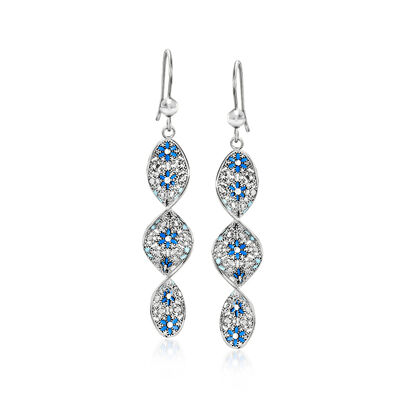 Italian Tonal Blue Enamel Floral Twisted Drop Earrings in Sterling Silver