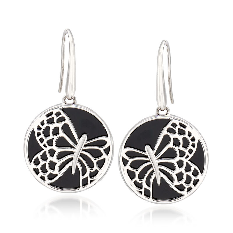 Black Onyx Butterfly Drop Earrings in Sterling Silver image number 0