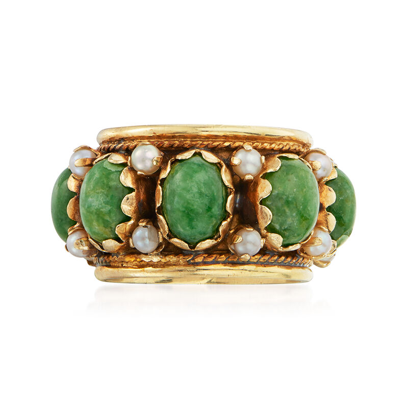 C. 1970 Vintage Green Nephrite and Seed Pearl Ring in 14kt Yellow Gold image number 0