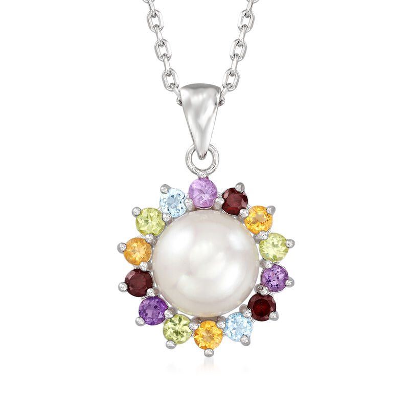 9-9.5mm Cultured Pearl and .49 ct. t.w. Multi-Gemstone Pendant Necklace in Sterling Silver. 18&quot; image number 1