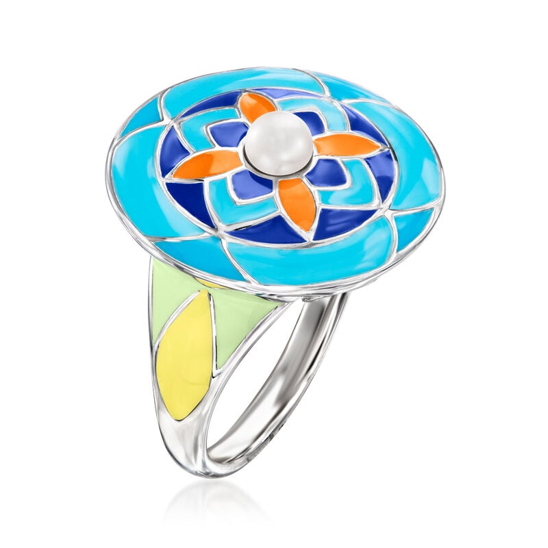 3.5-4mm Cultured Pearl and Multicolored Enamel Ring in Sterling Silver image number 2