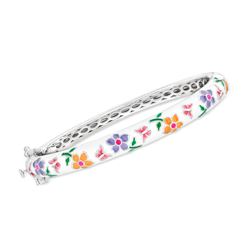 Multicolored Enamel Flower Bangle Bracelet in Sterling Silver image number 0