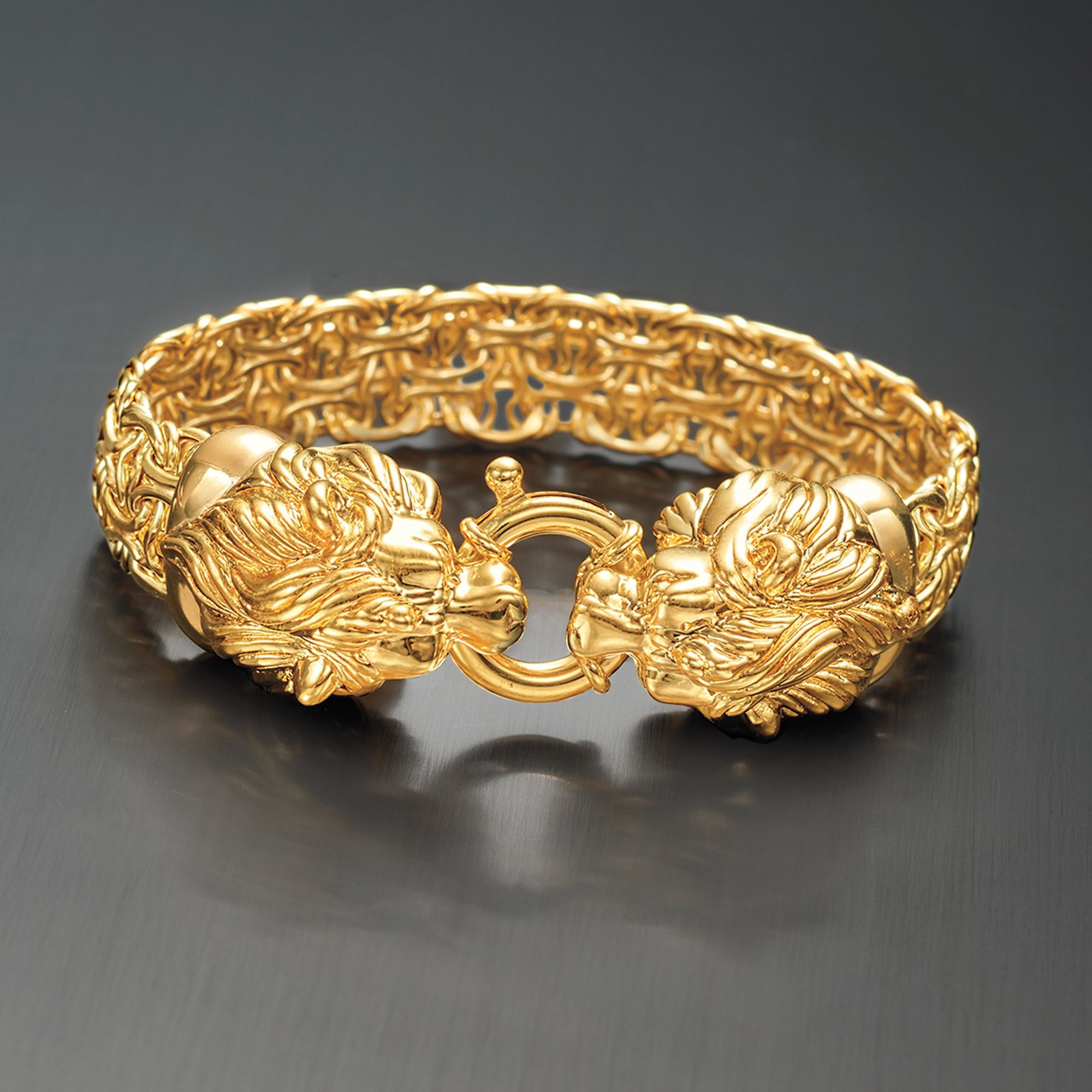 Italian 14kt Yellow Gold Double Lion Head Byzantine Bracelet