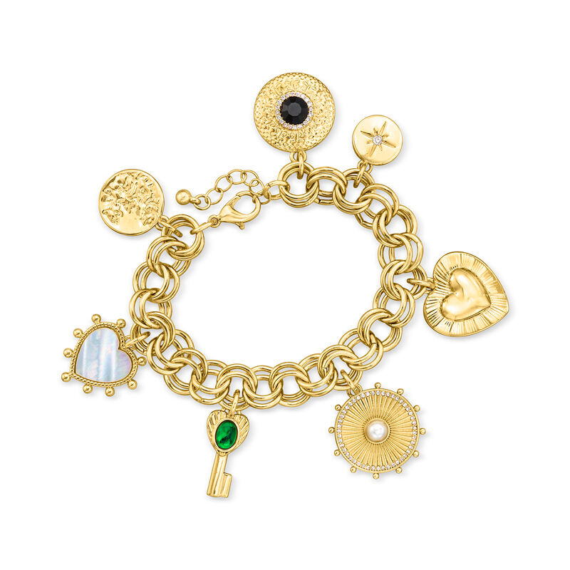 14kt Yellow Gold-Plated Charm Bracelet with Simulated Gemstones and .20 ct. t.w. CZs. 7" image number 0