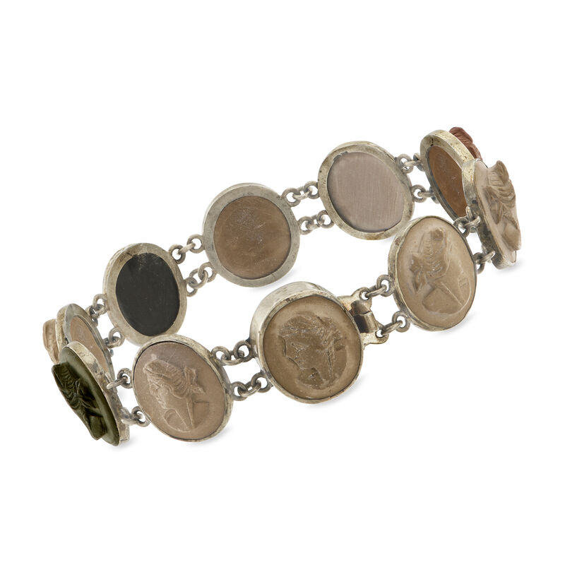 C. 1900 Vintage Lava Rock Cameo Bracelet in Silvertone. 7.5" image number 2