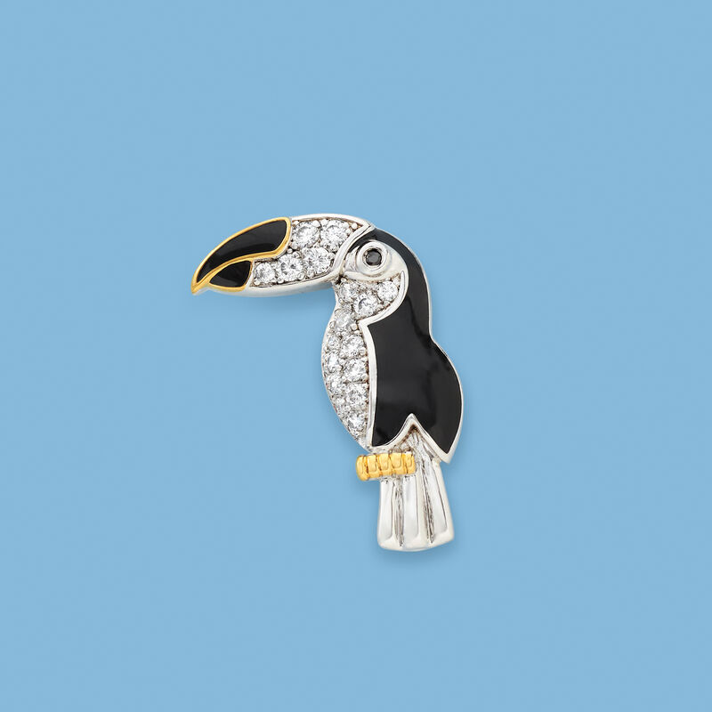 .37 ct. t.w. CZ and Black Enamel Toucan Pin/Pendant in Two-Tone Sterling Silver image number 3