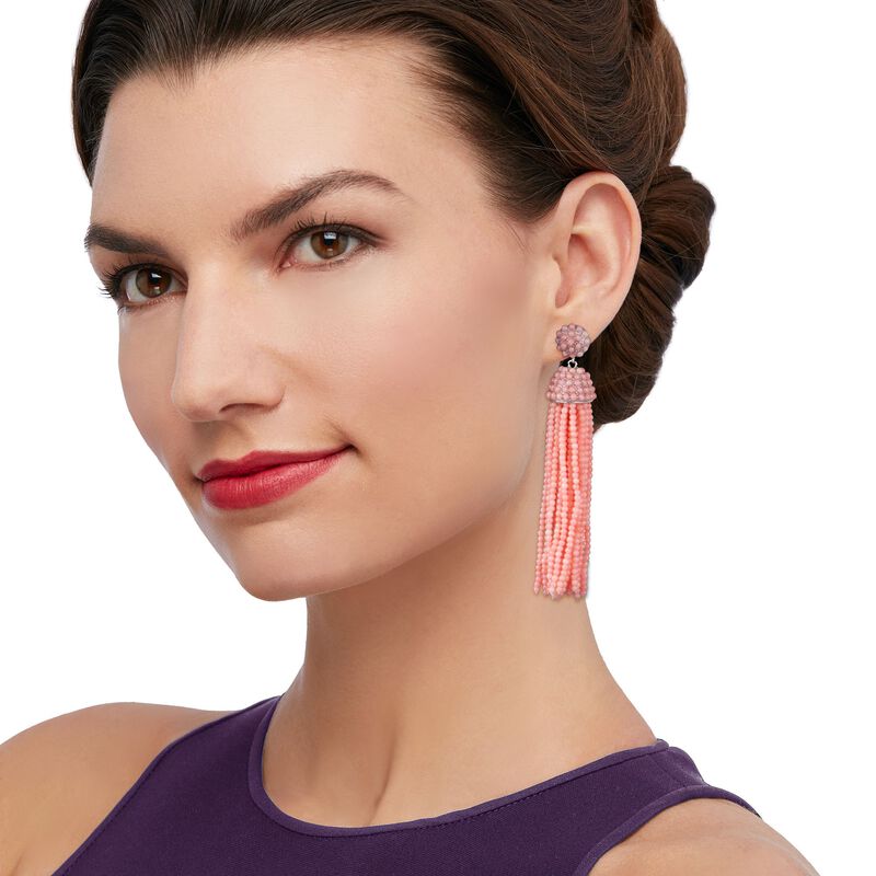 Pink Coral Bead Tassel Earrings in Sterling Silver  image number 1
