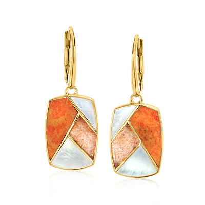 Tonal Orange Multi-Gemstone Inlay Drop Earrings in 18kt Gold Over Sterling