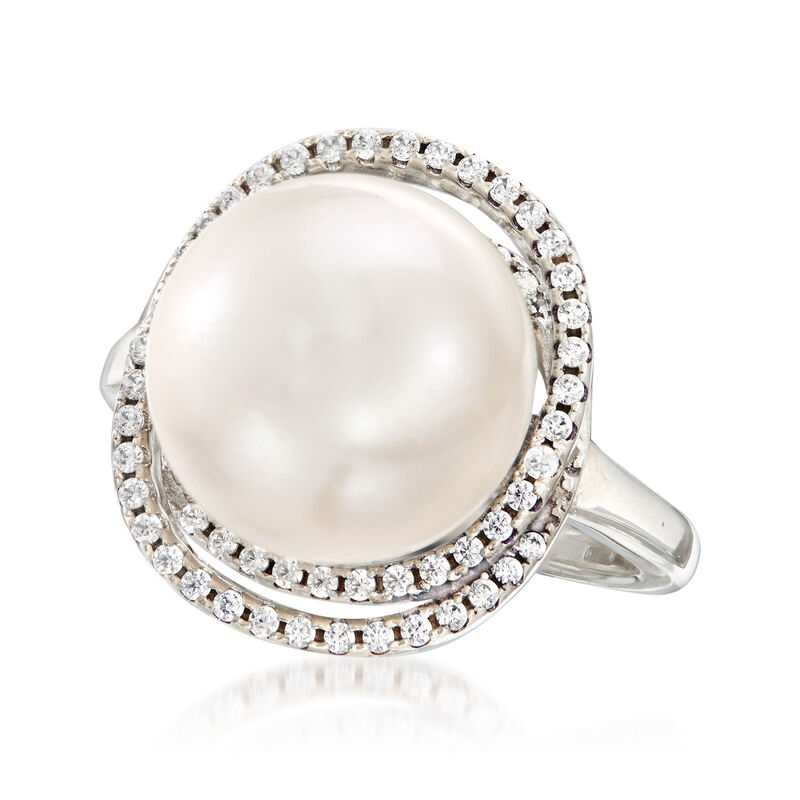 Italian 12mm Cultured Pearl and .78 ct. t.w. CZ Ring in Sterling Silver image number 3