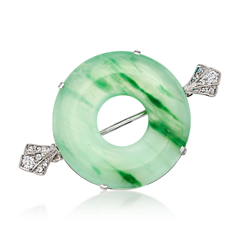 C. 1950 Vintage Jade and .20 ct. t.w. Diamond Disc Pin in 18kt White Gold  image number 0