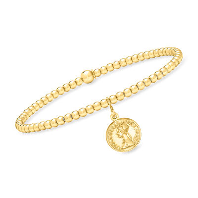 Italian 3mm 18kt Gold Vermeil Bead Stretch Bracelet with Replica Lira Coin Charm