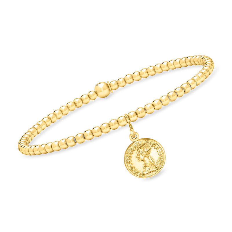 Italian 3mm 18kt Gold Vermeil Bead Stretch Bracelet with Replica Lira Coin Charm. 7&quot; image number 0