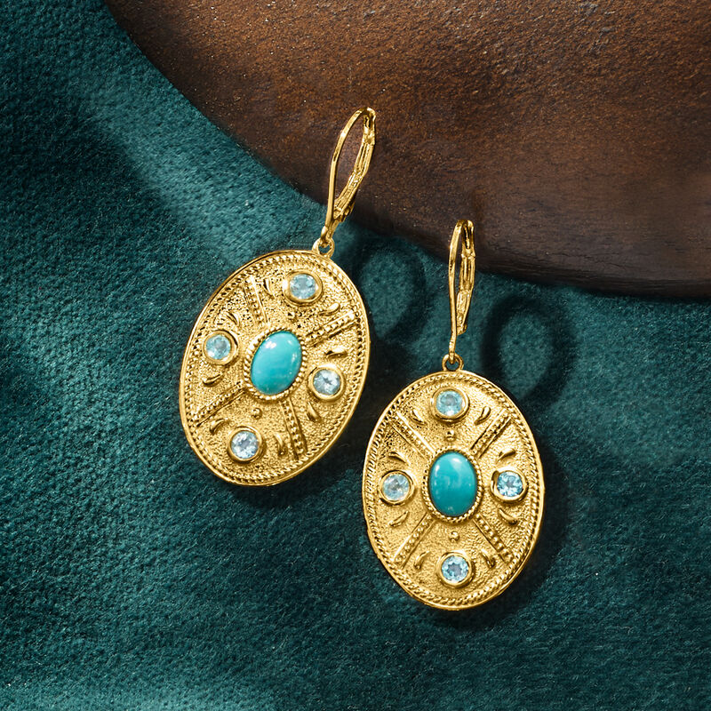 Turquoise and .90 ct. t.w. Sky Blue Topaz Etruscan-Style Oval Drop Earrings in 18kt Gold Over Sterling image number 2