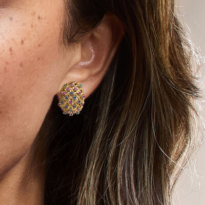 C. 1980 Vintage 1.80 ct. t.w. Multi-Gemstone Curved Earrings in 18kt Yellow Gold