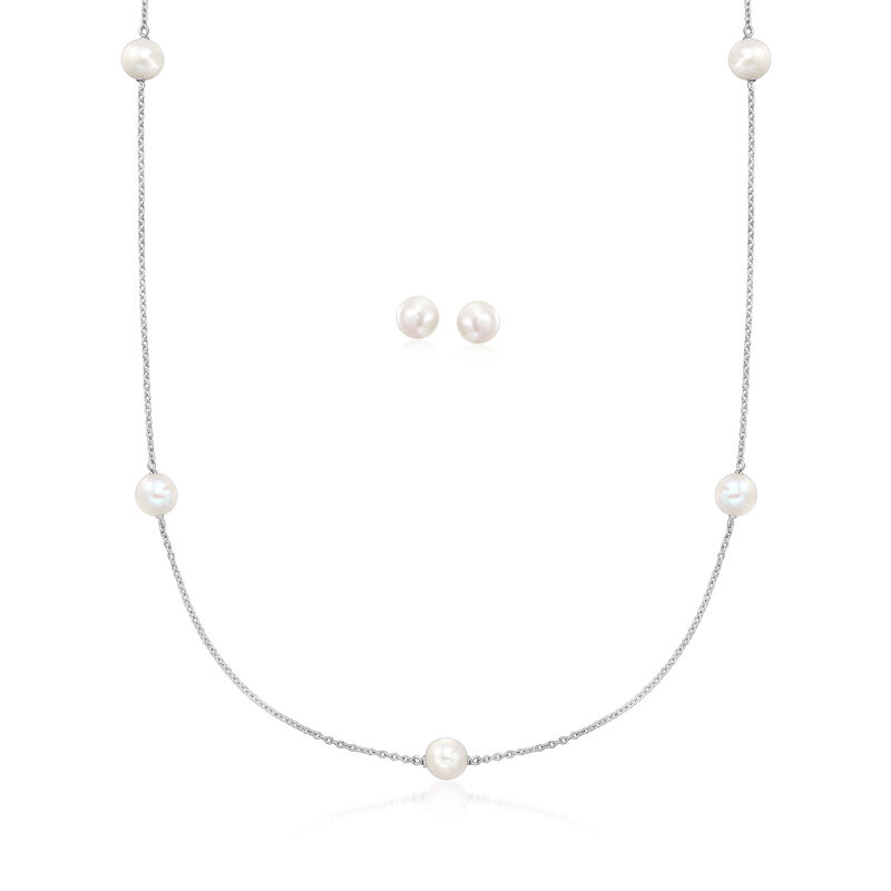 7-7.5mm Cultured Pearl Jewelry Set: Stud Earrings and Station Necklace in Sterling Silver. 18" image number 1