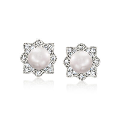 6-6.5mm Cultured Pearl North Star Earrings with .26 ct. t.w. Diamonds in Sterling Silver