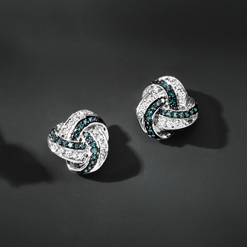 .15 ct. t.w. Blue and White Diamond Love Knot Earrings in Sterling Silver image number 2